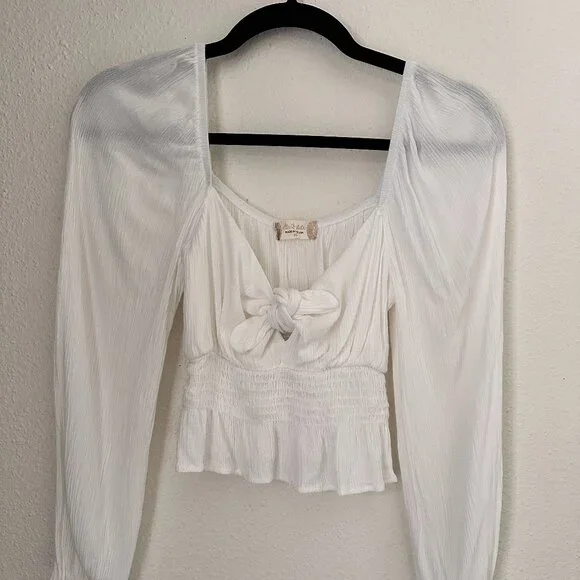 White V Neck Long Sleeves Cropped Top XS - Coquette Boho Essential - Picture 2 of 10